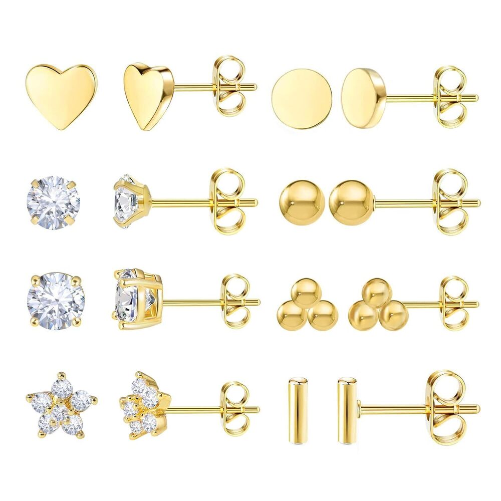 Titanium Stud Earrings 8 Pairs Gold Hypoallergenic